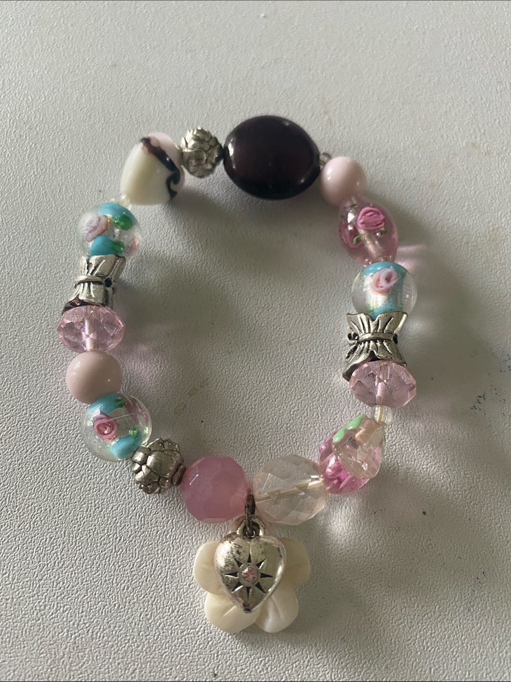 Delicate Pink Floral Bead Stretch Bracelet with Silver Accents
